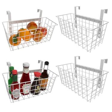 Imagem de MaraFansie Cesta com gancho, cesta de armazenamento de grade, organizador de porta de armário, cesta suspensa de arame com gancho sobre o armário/trilho, armário de cozinha embaixo da pia, despensa