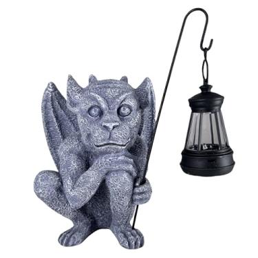 Imagem de memeyou Estátuas de gárgula ao ar livre com lanterna solar gótica jardim decoração exterior dragão alado gárgula para varanda, pátio, gramado, quintal, ornamento, trolls, estatueta, presentes para