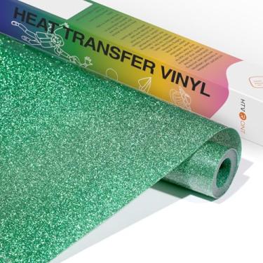 Imagem de HTVRONT Vinil HTV Glitter verde - 25,4 cm x 1,5 m Vinil com glitter verde para todas as máquinas de corte, rolo de vinil de transferência de calor com glitter para sublimação - Fácil de cortar e