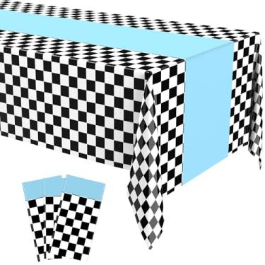 Imagem de Irenare 3 folhas de carro, artigos de festa de aniversário, decoração de festa de corrida, toalha de mesa para pista de corrida, tapete de mesa para carro, festa de aniversário, 137 x 272 cm (azul)