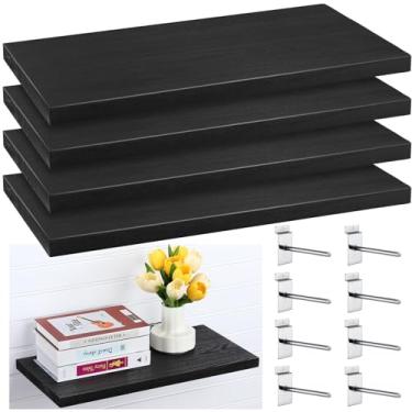 Imagem de Landical Pacote com 4 prateleiras de madeira, prateleiras de slatwall pretas com ganchos de metal, conjunto organizador de acessórios montados para garagem, casa, oficina, bancada de trabalho 59,9 x