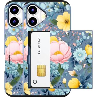 Imagem de MUQR Capa compatível com iPhone 16 com suporte de cartão fofo - Design Kawaii, proteção contra quedas de nível militar, capa carteira robusta para mulheres (flores de peônia azul)