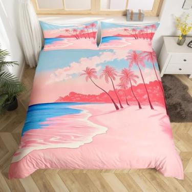 Imagem de Manfei Conjunto de capa de edredom de praia rosa, tamanho casal, palmeiras tropicais, 3 peças, capa de edredom com tema oceano azul de verão, decoração de quarto de crianças, meninos e meninas, macio