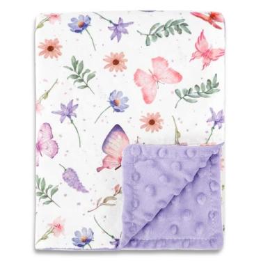 Imagem de Pea Pod Cobertores de bebê para recém-nascidos, design de camada dupla, com fundo de bolinhas roxas, padrões de borboleta