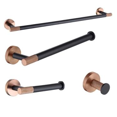 Imagem de Conjunto de banheiro preto e ouro rosa - Suporte para papel higiênico e toalheiro de aço inoxidável 304 - Kit de montagem em parede, conjunto completo com 10 peças
