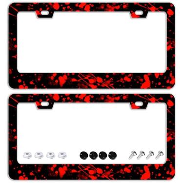 Imagem de Molduras de placa de carro vermelhas e pretas salpicadas de sangue - Conjunto de 2 peças com 2 furos de metal de aço inoxidável acessórios para carro decoração de placa de carro tamanho 16 cm x 31 cm