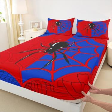 Imagem de Jogo de cama Queen com teia de aranha infantil, aracnídeo, aracnídeo, inseto, animais, decoração de quarto de meninos, meninas, mulheres, homens, Halloween, gótico, vermelho, azul, exclusivo, lençol