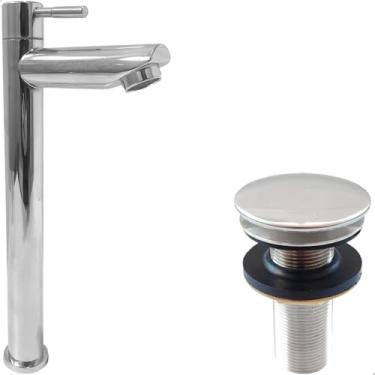 Imagem de Dona D Cor, Torneira Pia Banheiro Bica Alta Cromada 1/4 De Volta E Valvula Click 7/8 Inox Kit Banheiro