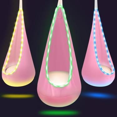 Imagem de Cadeira giratória iluminada para ambientes internos e externos, com luzes LED, macia e segura, capacidade de carga de 79,8 kg, fácil instalação, perfeita para quarto, jardim e sala de jogos (rosa)