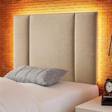 Imagem de Cabeceira Painel Cama Box Solteiro Siri 90cm com LED Linho Bege - Desk Design