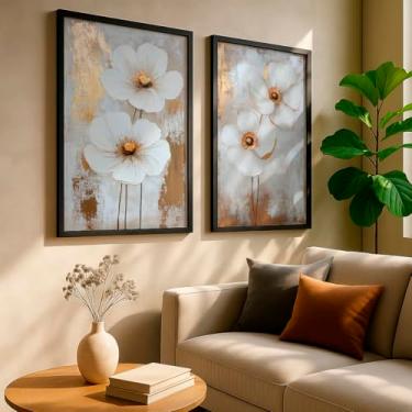 Imagem de Kit 2 Quadros Decorativos Flores Brancas Pintura Textura Dourada Elegante Sala Feminina Com Moldura