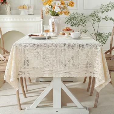 Imagem de KAIJIE Toalha de mesa estilo campestre francesa de algodão vazada lavável toalha de mesa para mesa retangular cozinha festa decoração de casamento 100 x 150 cm A cor arroz