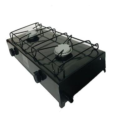 Imagem de Fogão Portátil 2 Bocas a Gás, Preto, Estilo Camping, Metal, com Grade Protetora