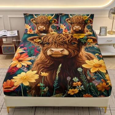 Imagem de AILONEN Jogo de lençol solteiro Highland Cattle GG para crianças, adolescentes, decoração de quarto floral, animal exótico, microfibra macia, lençol com bolso profundo com 2 fronhas, 3 peças