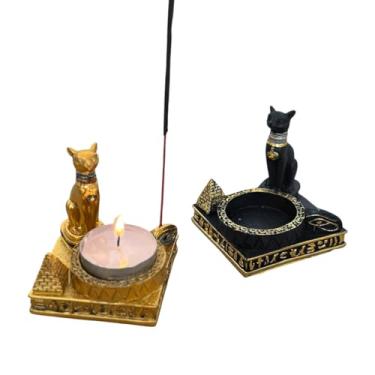 Imagem de Kit 2 Incensário Castiçal Vela Faraó Bastet Nefertiti Resina (Bastet)