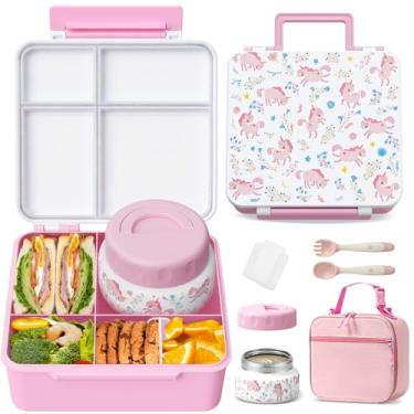 Imagem de Lancheira infantil Bento com garrafa térmica, à prova de vazamento, com pote de comida isolado de 255 g, lancheira e utensílios, recipiente de 3 ou 4 compartimentos para meninas e meninos