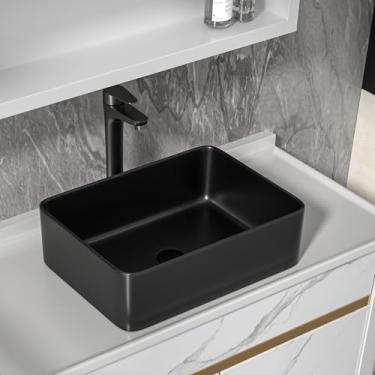 Imagem de Fulorni Pia de vaso de banheiro de 48 cm x 38 cm com torneira e ralo pop-up - porcelana preta fosca retangular acima do balcão pia moderna pia arte bacia