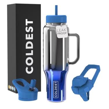 Imagem de Copo Coldest com alça e canudo - Copo 100% à prova de derramamento com canudo (3 tampas) - Copos isolados de aço inoxidável à prova de vazamento para mulheres e homens - Adequado para porta-copos