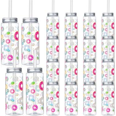 Imagem de LemonRoad 24 peças de copos de plástico com tampa e canudo 400 ml reutilizáveis decorações de festa temáticas copo copo de café gelado para decoração de festa formal (rosquinha)
