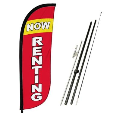 Imagem de LookOurWay Conjunto de mastro de bandeira de penas - Bandeira publicitária de 1,8 m de altura com kit de mastro e ponta de chão - Bandeiras de promoção imobiliária - Agora aluguel