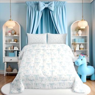 Imagem de Castle Fairy Jogo de cama solteiro com laço azul, estampa de laço, 2 peças, para decoração de quarto de crianças, meninas, meninos, floral, edredom acolchoado, princesa, 1 fronha