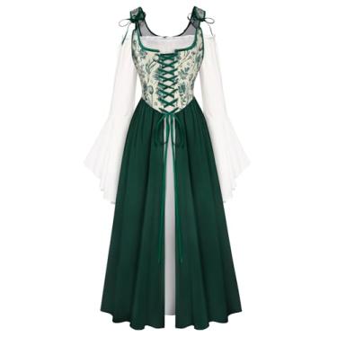 Imagem de Scarlet Darkness Fantasia feminina renascentista floral com cadarço e manga de sino vestido de fada medieval camponesa, Verde escuro, 06
