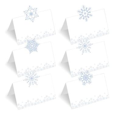 Imagem de Cartões de mesa de Natal com flocos de neve, cartões de barraca, cartões de nome de 5 x 8,5 cm, cartões de nome para festa de aniversário, chá de bebê, casamento, 60 peças