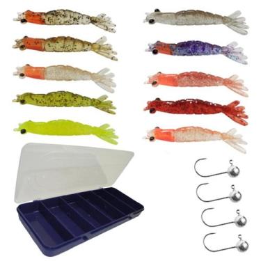 Imagem de Kit 10pçs Camarão Artificial Jig Head 6cm + Estojo Robalo Matadeira
