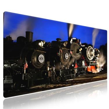 Imagem de Knseva. Mouse pad grande para jogos com bordas costuradas, locomotivas a vapor ao anoitecer, visão noturna de trens históricos, base de borracha antiderrapante e superfície de tecido liso XXL Tapete
