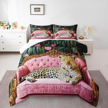 Imagem de jejeloiu Jogo de cama king size de leopardo, vida selvagem, luxuoso, para crianças, meninos, meninas, folhas tropicais, temática de natureza, decoração de casa, 1 edredom + 2 fronhas
