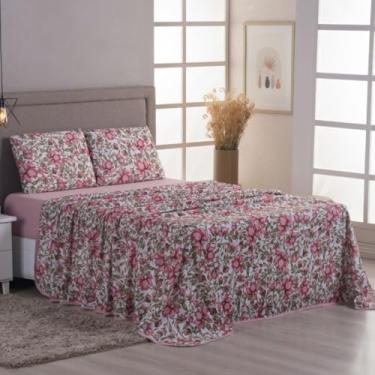 Imagem de Jogo de Cama 4 Peças 100% Algodão Lençol com Elástico e Lençol de Cima + Fronhas com Zíper – Anti Pilling – Acabamento em Viés - Solteiro, Casal, Queen e King. (Branco Rosas, King)