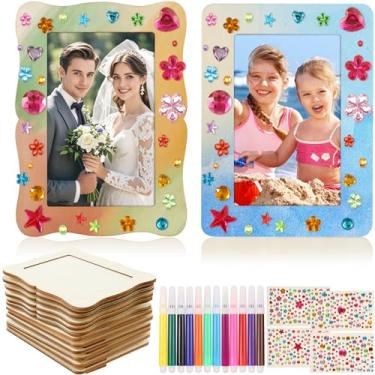 Imagem de DNAMYJME Pacote com 12 molduras de madeira para artesanato, porta-retratos de madeira DIY 10 x 15 cm, molduras para fotos com canetas e adesivos coloridos, moldura inacabada para decoração de casa