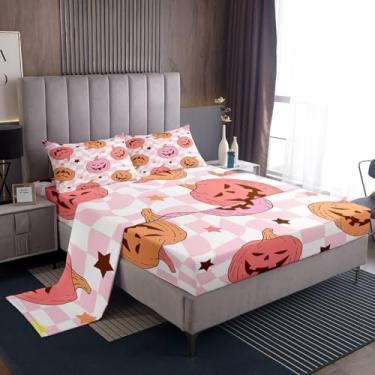 Imagem de Feelyou Jogo de lençol casal rosa de Halloween, decoração de Halloween, para crianças, meninos, meninas, abóbora, bolso profundo, respirável, macio e leve de microfibra