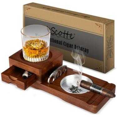 Imagem de Bandeja de vidro Ashtray Coaster Whisky e cinzeiro de madeira Scotte
