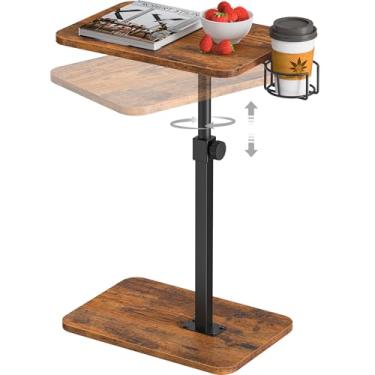 Imagem de Giikin Bandeja de TV, bandeja de TV giratória de 360° com altura ajustável para comer no sofá, mesa lateral de apoio de braço para pequenos espaços, sofá-cama, jantar, marrom rústico