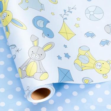 Imagem de Homeral Blue Baby Boy Rolo de Papel Wapping – Mini Rolo – 43 cm x 40 cm – Brinquedo para bebê, carrinho de bebê, roupas e Bolinhas Reversível para Presente para Chá de Bebê, Aniversário, Revelação de