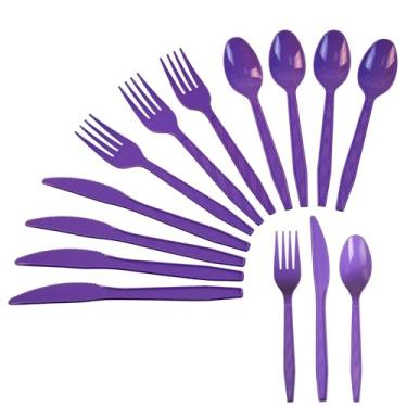 Imagem de Sveikie Conjunto de talheres de plástico resistente descartáveis, com 240 peças, incluindo garfos, facas e colheres de festa roxos, 80 peças cada, adequado para festas, casamentos, aniversários