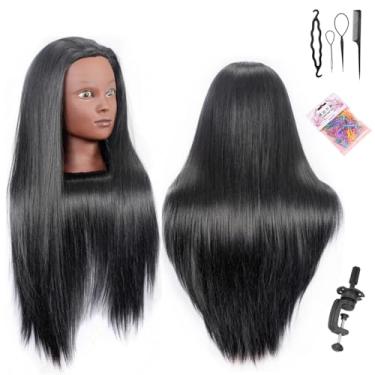 Imagem de Cabeça de treinamento 66 cm - 71 cm, manequim, penteado, cosmetologia, cabeça de boneca, fibra sintética, modelo de treinamento de cabeleireiro, grampo grátis, presentes requintados (preto)