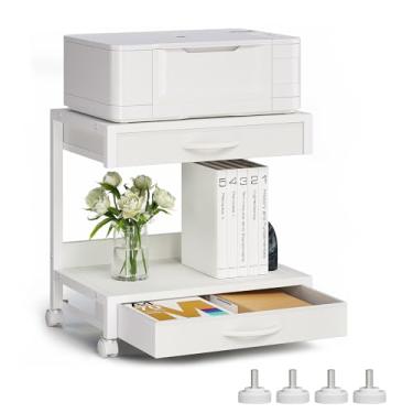 Imagem de VENNQD Suporte de impressora de mesa de 2 níveis com 2 gavetas de tecido, mesa de impressão com prateleira de armazenamento, organizador de mesa para escritório doméstico, impressora 3D, fax, scanner