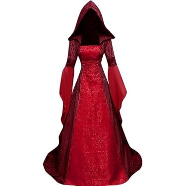 Imagem de Medieval Victorian Dress for Women,Vintage Witch Halloween Renaissance Irish Costumes Velvet Vampire Hooded Corset Gothic Cosplay Gown Masquerade Theme Maxi Dresses（Red，XXL)
