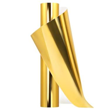 Imagem de AHIJOY Vinil de transferência de calor dourado metálico HTV 30,5 cm x 1,5 m cromado HTV ouro ferro em vinil para camisetas chapéus roupas tecido vestuário
