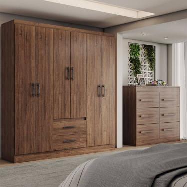 Imagem de Guarda-Roupa Solteiro Europa 6 Portas 2 Gavetas e Cômoda 6 Gavetas Castanho - Panorama Móveis