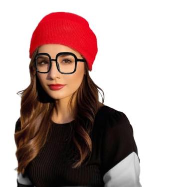 Imagem de Xnetsby Gorro de inverno de tricô vermelho com óculos quadrados grandes pretos conjunto de fantasia, Vermelho, One Size Fits Most