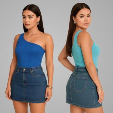 Imagem de Kit 2 Blusa Mula Manca Um Ombro So Basica Canelada Verão - Luau Brasil