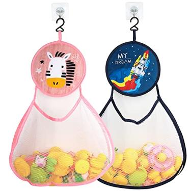 Imagem de Linkidea Pacote com 2 sacos de armazenamento de brinquedos pendurados no banheiro, suporte de brinquedo para banheira infantil com ganchos, bolsa de malha de brinquedo de banho de grande capacidade