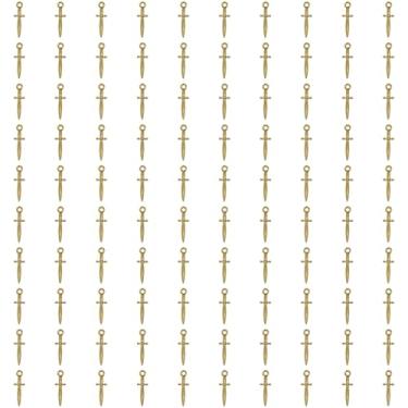 Imagem de Shapenty Pingente de punhal vintage pequeno e espada, pingentes para Halloween, brincos, pulseiras, chaveiros, joias, suprimentos de artesanato, decoração de Natal, 100 peças (ouro antigo)