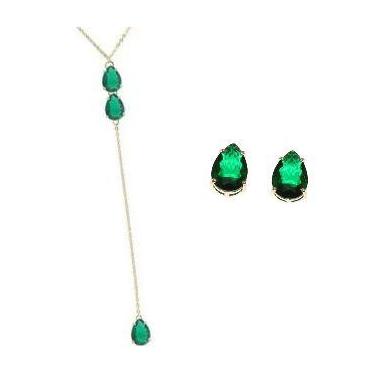 Imagem de Conjunto Colar Longo E Brinco Gota Verde Folheado A Ouro 18k - Milena 
