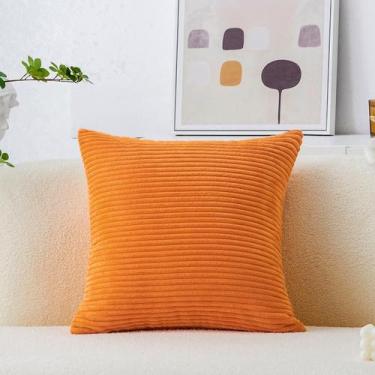 Imagem de Capa de travesseiro Home Brilliant 66x66cm de veludo listrado laranja