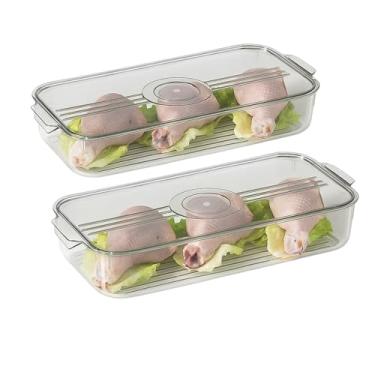 Imagem de Kit 2 Organizador de Alimentos Transparente Acrílico em Plástico PP – Empilháveis para Geladeira, Despensa e Cozinha 32x15,5x5,5 cm c/Tampa Para Legumes, Frutas, Saladas, Carnes