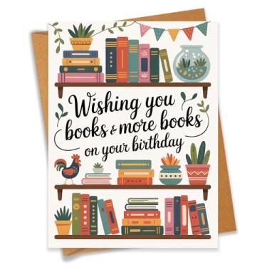 Imagem de PEONYNFOX Wishing You Books And More Books On Your Birthday Card For Bookworms Readers Book Lovers - Tamanho 16 cm x 12 cm em branco por dentro com envelope Kraft